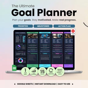 Goal Planner Google Sheets Dark Mode Goal Tracker Spreadsheet SMART Goal Setting Template Productivity Planner Personal Growth