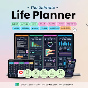 ADHD Life Planner Google Sheets Dark Mode Digital Organizer (Digital Download)