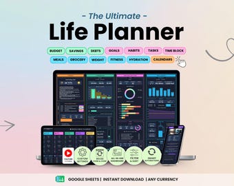ADHD Life Planner Google Sheets Dark Mode Digital Organizer (Digital Download)