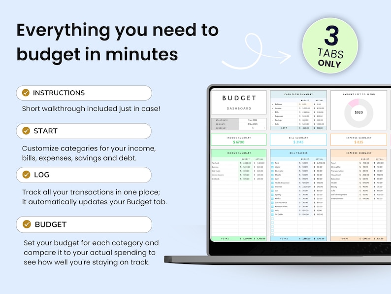 3-tab easy budget spreadsheet - By Smart Kit Designs