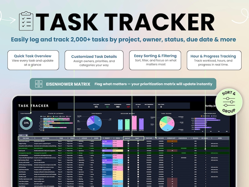 Dark Mode Project Management Template Google Sheets Task Tracker Team ...