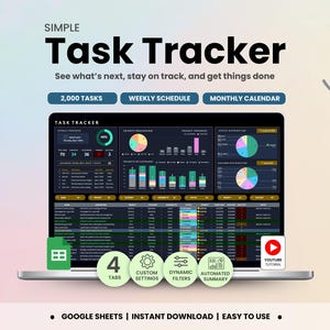 May include: A laptop screen displaying a "Task Tracker" dashboard with charts and data visualizations. The text includes "2,000 Tasks," "Weekly Schedule," and "Monthly Calendar." Additional features include "4 Tabs," "Custom Settings," and "Dynamic Filters."