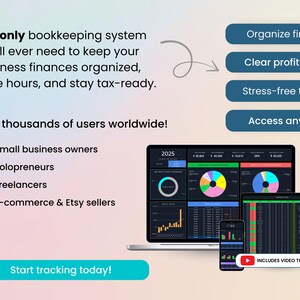 The only bookkeeping system you’ll ever need to keep your business finances organized, save hours, and stay tax-ready. Perfect for small business owners, solopreneurs, freelancers, and Ecommerce or Etsy sellers. Created by Smart Kit Designs