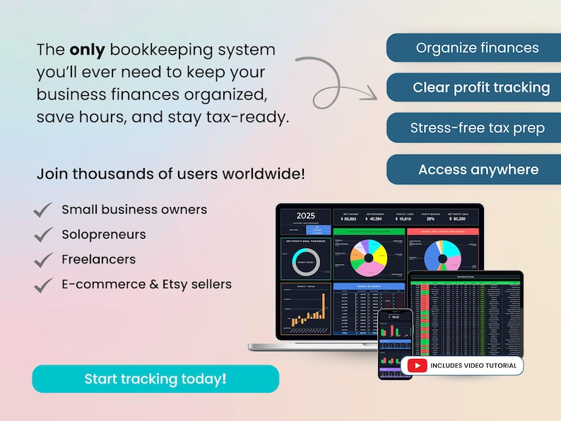 The only bookkeeping system you’ll ever need to keep your business finances organized, save hours, and stay tax-ready. Perfect for small business owners, solopreneurs, freelancers, and Ecommerce or Etsy sellers. Created by Smart Kit Designs