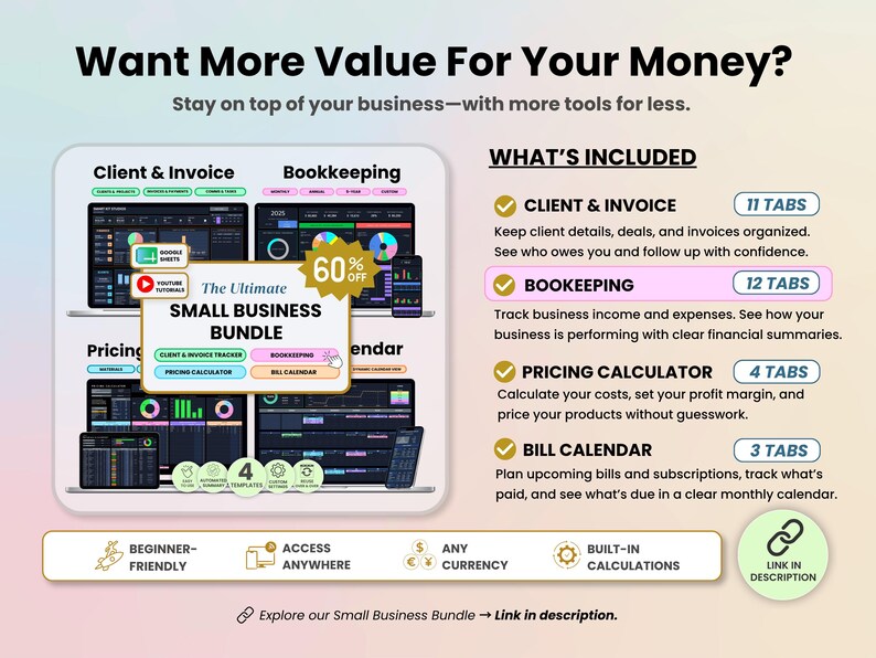 The ultimate bookkeeping for small businesses is now available in dark mode.  Keep your finances organized, save time, spot trends, and grow your businesses. Created by Smart Kit Designs