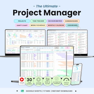 Project Management Team Task Tracker Google Sheets Decision Matrix Kanban Board Gantt Chart Weekly Schedule Monthly Planner Dashboard