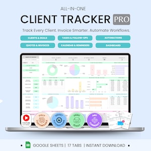 Pode incluir: Uma tela de laptop exibindo um painel de controle de rastreamento de clientes com gráficos e dados. O texto "CLIENT TRACKER PRO" está no topo. Inclui ofertas de clientes, tarefas, automações, cotações, calendário e painel. Google Sheets, 17 abas e download instantâneo.
