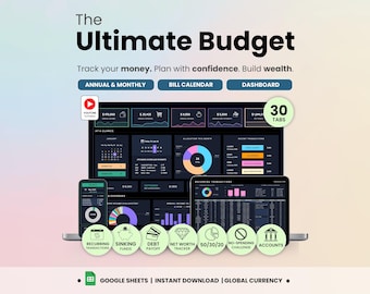 Annual Budget Planner Dark Mode Google Sheets Budget Template Income Expenses Savings Tracker Net worth Tracker Debt Payoff Bill Calendar