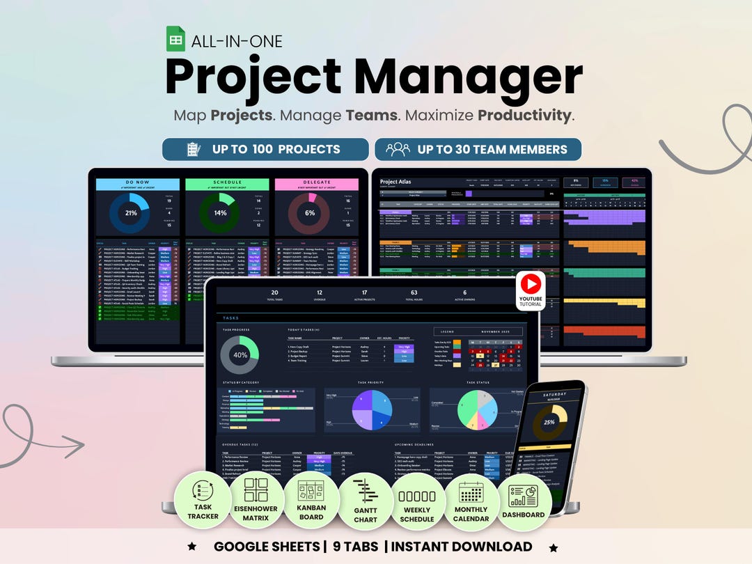 Dark Mode Project Management Template Google Sheets Task Tracker Team ...