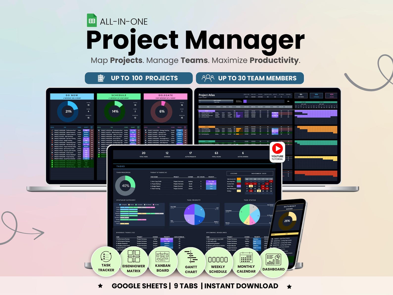 Mode Poject Dark Mode Project Management Template Google Sheets Task Tracker Team ...