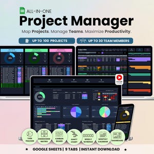 Dark Mode Projektmanagement Template Google Sheets Aufgabentracker Team Entscheidungsmatrix Kanban Board Gantt Chart Wochen und Monatskalender