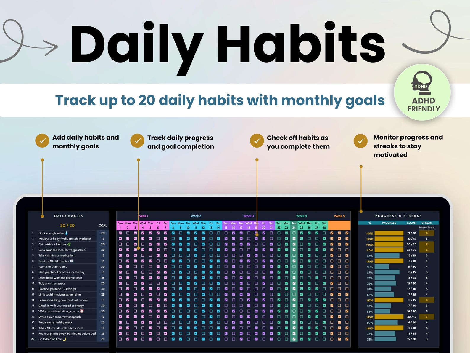 Habit Tracker Google Sheets Dark Mode Daily Routine Weekly Habits ...