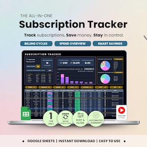 Puede incluir: Un portátil que muestra una interfaz de "Subscription Tracker". La pantalla muestra visualizaciones de datos, gráficos y tablas. El texto incluye "Realice un seguimiento de las suscripciones. Ahorre dinero. Manténgase en control."