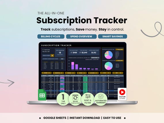 Subscription Tracker Google Sheets Template Dark Mode Recurring Payments, Savings Tracker Monthly & Yearly Expenses (Digital Download)