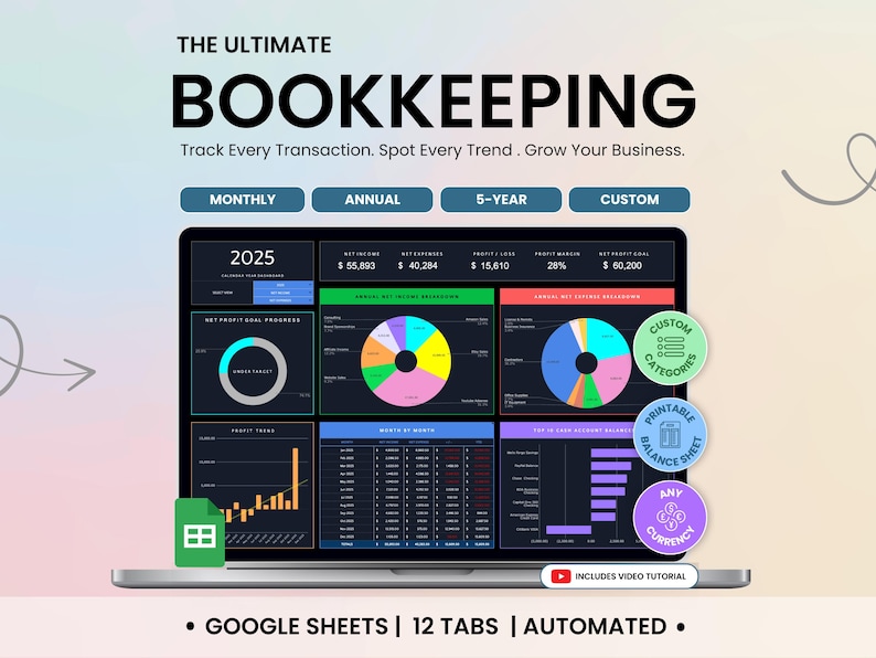 The ultimate bookkeeping for small businesses is now available in dark mode.  Keep your finances organized, save time, spot trends, and grow your businesses. Created by Smart Kit Designs