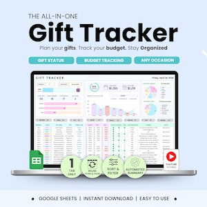 Puede incluir: Una pantalla de portátil muestra una hoja de cálculo "Gift Tracker". El texto dice "Planifica tus regalos. Controla tu presupuesto. Mantente organizado." Las características incluyen estado de regalo, seguimiento del presupuesto y cualquier ocasión. Texto adicional: Google Sheets, descarga instantánea, fácil de usar.