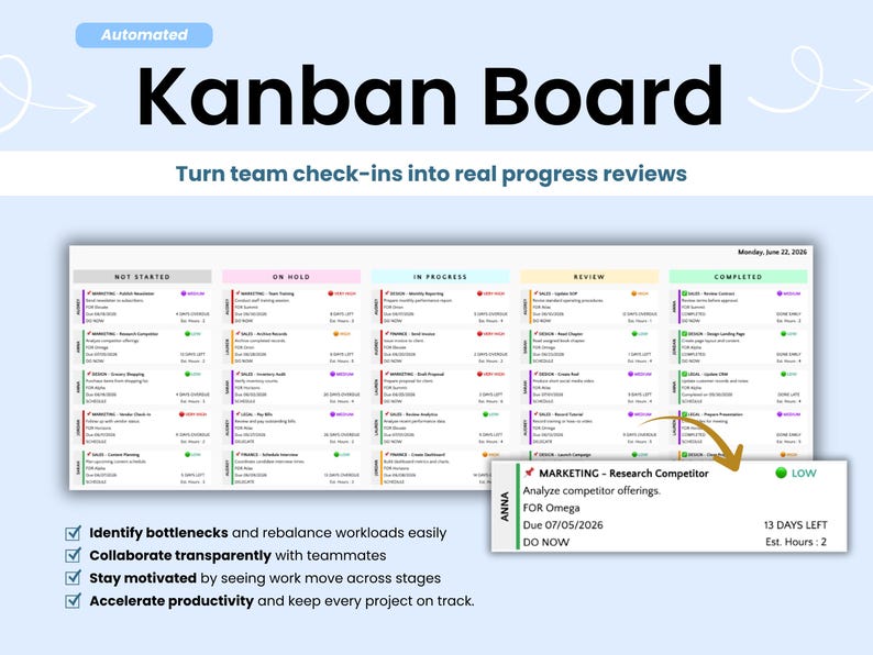 Kanban board task tracker to turn team check-ins into real progress reviews