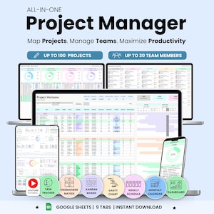 Projektmanagement Team Aufgabentracker Google Sheets Entscheidungsmatrix Kanban Board Gantt Chart Wochenplan Monatsplaner Dashboard