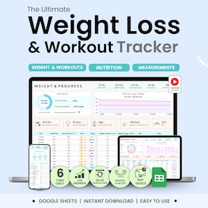 Viktminskning och träningsspårare Google Sheets Kalorimakronspårare Måltidsplanerare Kroppsmått Vanespårare Träningsplanerare