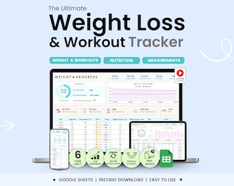 Weight Loss & Workout Tracker Google Sheets Calorie Macros Tracker Meal Planner Body Measurements Habit Tracker Workout Planner