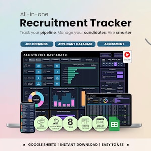 Recruitment Tracker Google Sheets Dark Mode Hiring Applicant Tracking System ATS Recruiter Tool Job Tracker HR Recruitment Dashboard