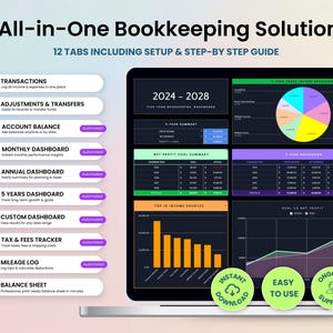 All-in-one bookkeeping solution including 12 tabs with setup and detailed instructions about transactions, adjustments and transfers, account balances, monthly dashboard, annual dashboard, 5-year dashboard, custom dashboard, sales and tax tracker, mileage log, and balance sheet. Created by Smart Kit Designs.
