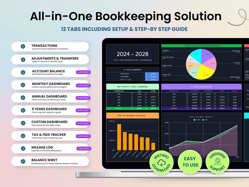 All-in-one bookkeeping solution including 12 tabs with setup and detailed instructions about transactions, adjustments and transfers, account balances, monthly dashboard, annual dashboard, 5-year dashboard, custom dashboard, sales and tax tracker, mileage log, and balance sheet. Created by Smart Kit Designs.
