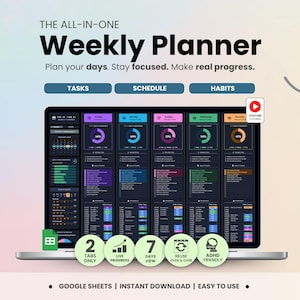 May include: A laptop screen shows a digital weekly planner with sections for tasks, schedule, and habits. The planner has a dark theme with colourful charts and lists. Text on the screen includes "Weekly Planner" and "Plan your days. Stay focused. Make real progress."