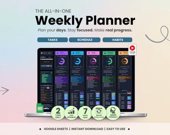 Daily & Weekly Planner Google Sheets Dark Mode ADHD Productivity Planner Time Blocking Schedule Template Habits Daily Task Tracker