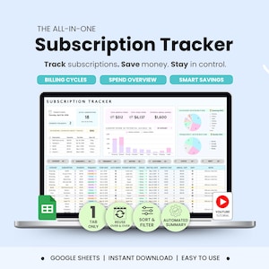 Mall för prenumerationsspårning i Google Sheets, återkommande betalningar, sparspårning, månatliga och årliga utgifter (digital nedladdning)