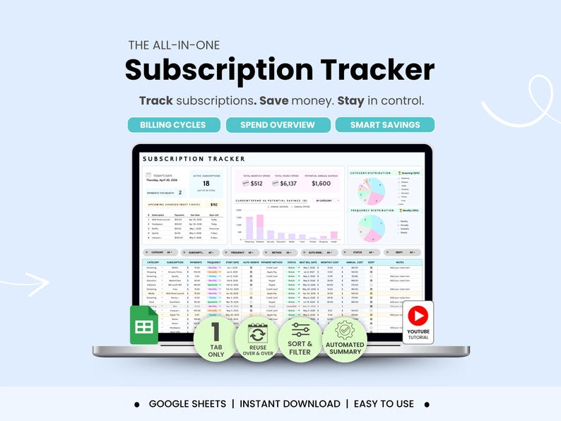 Subscription Tracker Google Sheets Template Recurring Payments, Savings Tracker Monthly & Yearly Expenses (Digital Download)