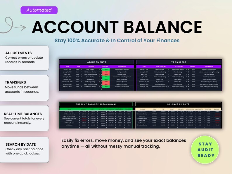 Account balances to stay accurate and in control of your finances. Correct accounting errors, make updates in minutes, move funds between accounts, get real-time view of your account balances, or search account balance by date. Created by Smart Kit Designs.
