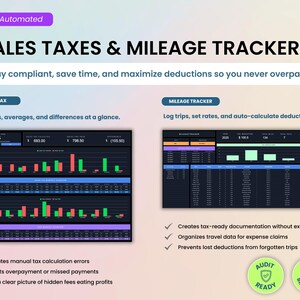 Sales taxes, fees, and mileage trackers to stay compliant, save time, and maximize deductions so you never overpay. See totals and differences at a glance, log trips, set rates, and auto-calculate deductions. Tax-ready solutions for bookkeeping for small businesses. Created by Smart Kit Designs