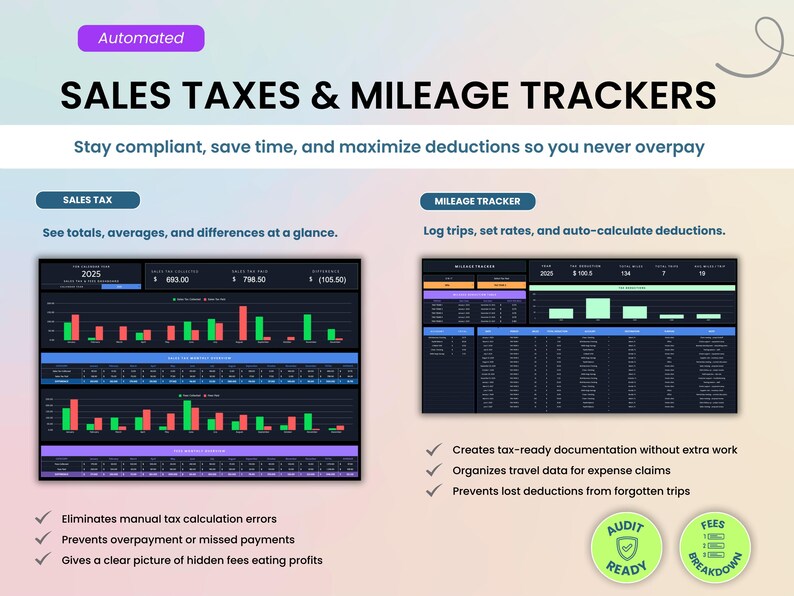 Sales taxes, fees, and mileage trackers to stay compliant, save time, and maximize deductions so you never overpay. See totals and differences at a glance, log trips, set rates, and auto-calculate deductions. Tax-ready solutions for bookkeeping for small businesses. Created by Smart Kit Designs