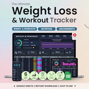 Abnehm- & Workout-Tracker Dunkelmodus Google Sheets Kalorie Makros Tracker Mahlzeitenplaner Körpermaße Habit Tracker Workout-Tracker