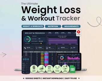 Weight Loss & Workout Tracker Dark Mode Google Sheets Calorie Macros Tracker Meal Planner Body Measurements Habit Tracker Workout Tracker