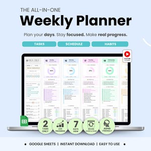 May include: A laptop displays a digital weekly planner interface with sections for tasks, schedule, and habits. The screen shows a calendar layout with progress indicators and the text "Weekly Planner". Additional icons highlight features like Google Sheets and instant download.