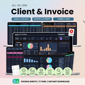 Op de afbeelding: Een alles-in-één systeem voor klant- en factuurbeheer voor Google Sheets met elf tabbladen. De interface toont donkere dashboards met financiële grafieken, projectvolging en betalingslogboeken op meerdere schermen.