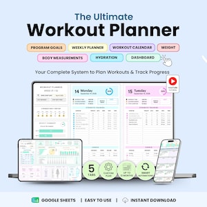 Pode incluir: Um planejador de treino digital exibido em um laptop, tablet e smartphone. A interface inclui abas para objetivos, planejamento semanal, calendário, peso, medidas corporais, hidratação e painel. Texto: The Ultimate Workout Planner, Your Complete System to Plan Workouts & Track Progress, 5 Tabs, Custom Plan, Up to 12 Months, Smart Automations, Google Sheets, Easy to Use, Instant Download.