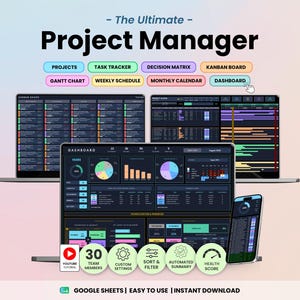 Project Management Template Dark Mode Google Sheets Task Tracker Team Decision Matrix Kanban Board Gantt Chart Weekly and Monthly Calendars