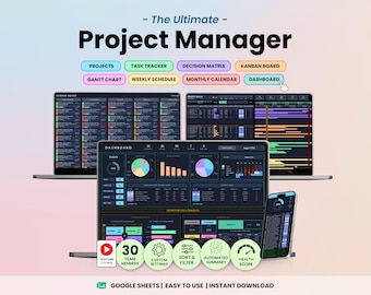 Project Planner Dark Mode Google Sheets Team Project Management Spreadsheet Task Tracker  Kanban Board Eisenhower Matrix  Gantt Chart