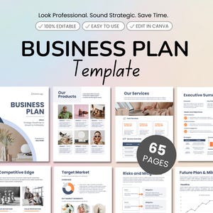 May include: A business plan template with a clean, modern design. The cover features the title "BUSINESS PLAN Template" in large, bold letters. The template includes sections for products, services, executive summary, and more. The image also states that the template is 100% editable, easy to use, and can be edited in Canva.