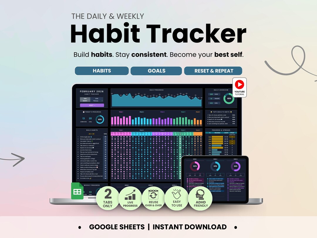 Habit Tracker Google Sheets Dark Mode Daily Routine Weekly Habits ...