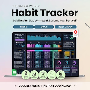 Rastreador de hábitos, Hojas de cálculo de Google, Modo oscuro, Rutina diaria, Planificador semanal de seguimiento de hábitos, Hoja de cálculo de lista de tareas, Objetivo de TDAH, Plantilla de productividad