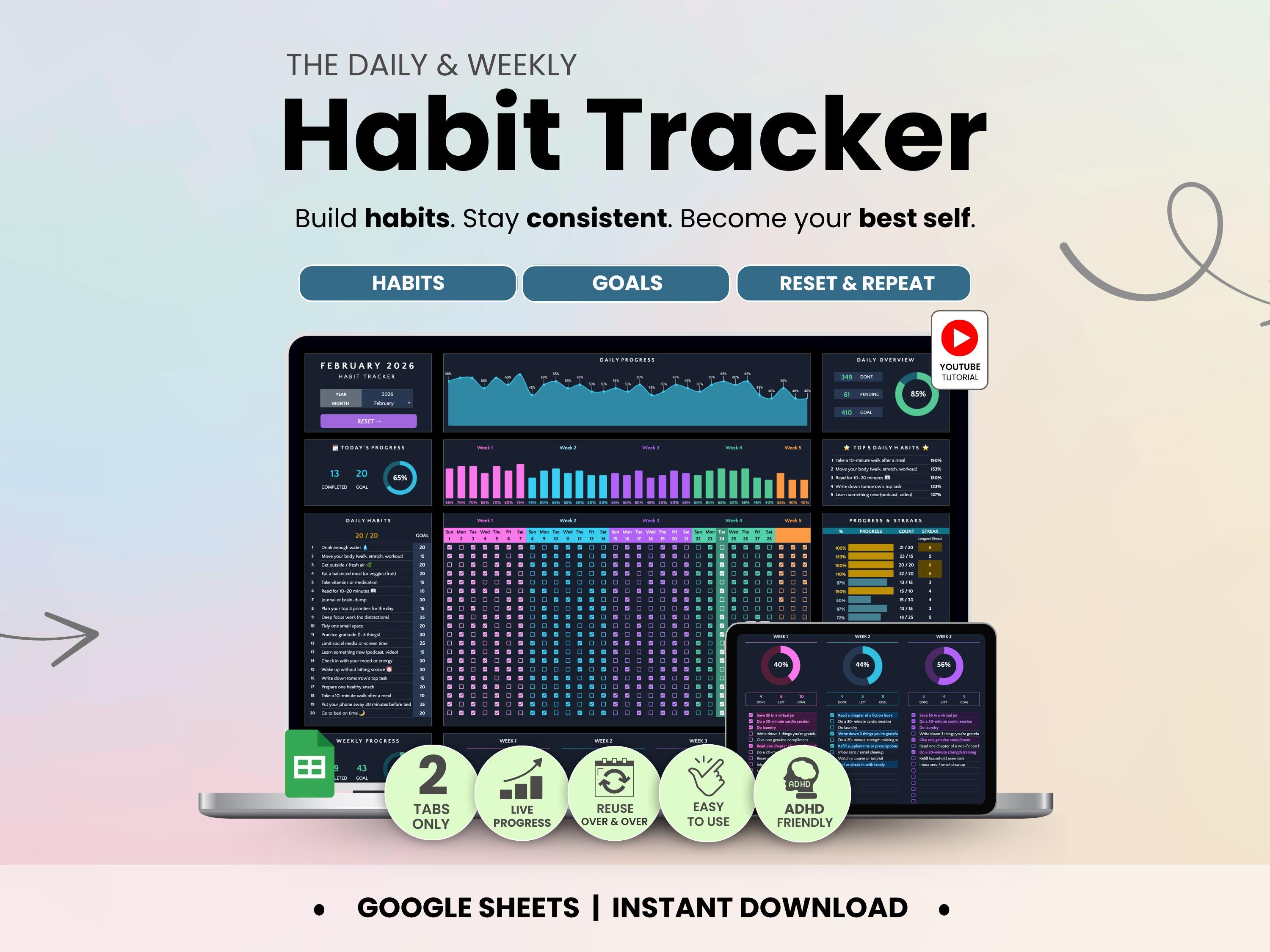 Habit Tracker Google Sheets Dark Mode Daily Routine Weekly Habits ...