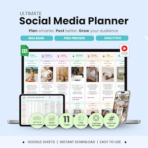 Planejador de Mídias Sociais, Planilhas Google, Calendário de Conteúdo Multiplataforma, Planejador de Criação Digital, Visualização de Feed, Agendador de Postagens, Análises da Plataforma