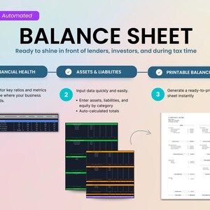 Printable balance sheet ready to print for your bookkeeping. Ready to impress lenders, investors, and be prepared for tax time. Includes financial ratio performance, assets and liabilities table, and auto-generated printable balance sheet. Created by Smart Kit Designs.