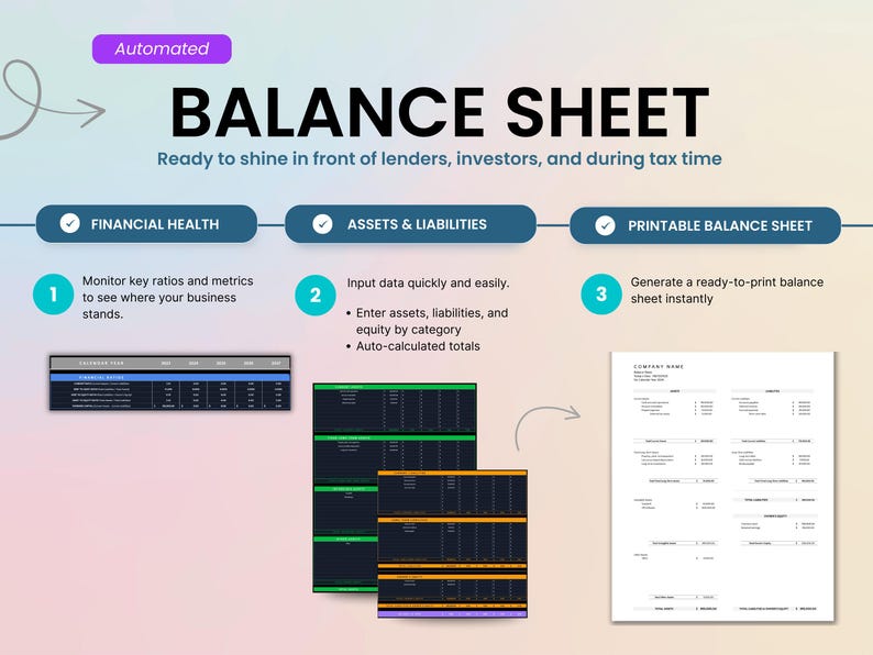 Printable balance sheet ready to print for your bookkeeping. Ready to impress lenders, investors, and be prepared for tax time. Includes financial ratio performance, assets and liabilities table, and auto-generated printable balance sheet. Created by Smart Kit Designs.