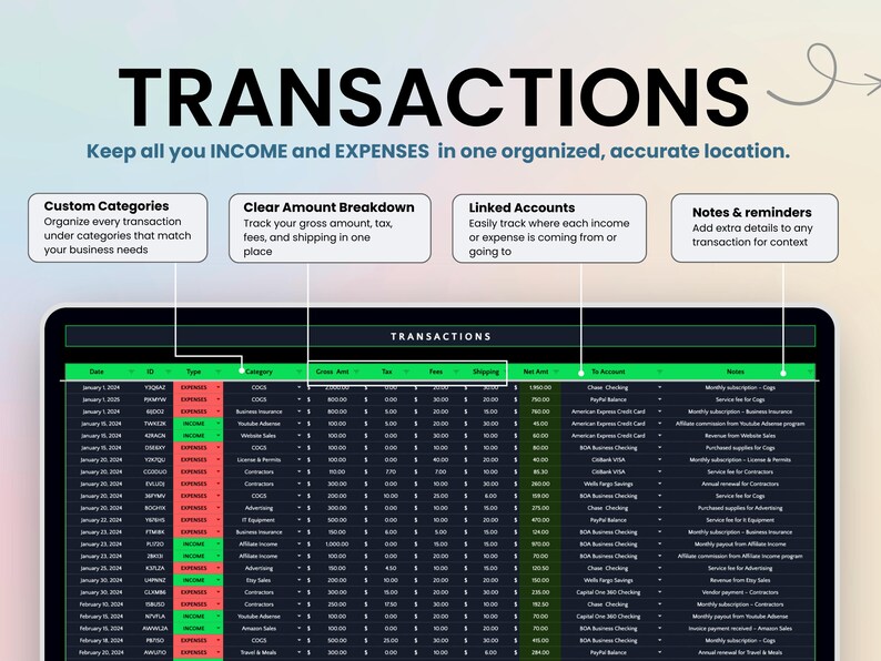 The transaction log allows to keep all your income and expenses in one organized and accurate place. See custom categories, clear amount breakdown, auto-calculated net amounts, linked account to track money movements, and notes. Created by Smart Kit Designs.