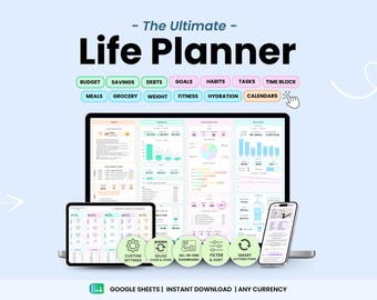 ADHD Life Planner Google Sheets Digital Organizer Budget Tracker Tasks Habits Goal Trackers Weight Meals Fitness Planners Calendar Dashboard